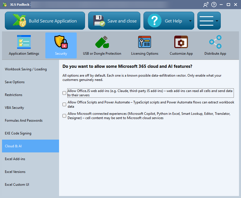 The Cloud and AI page under the Security tab in XLS Padlock, with the three Microsoft 365 cloud and AI options unchecked by default.