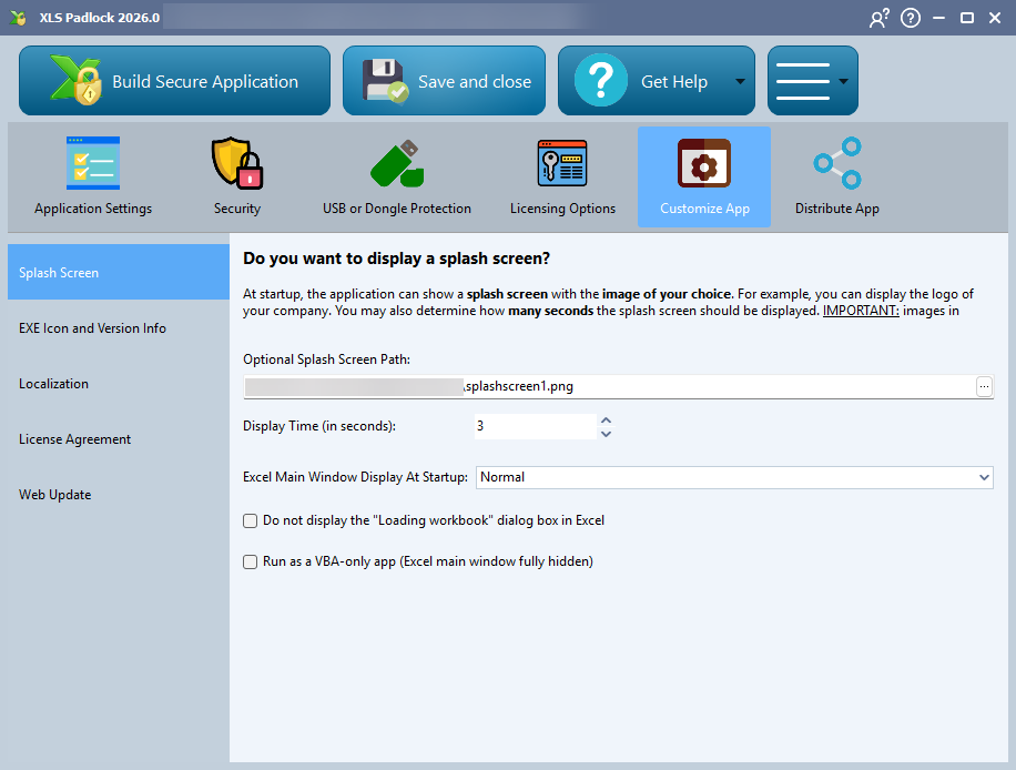 The Splash Screen page in XLS Padlock 2026, showing the new Run as a VBA-only app option that fully hides the Excel main window.